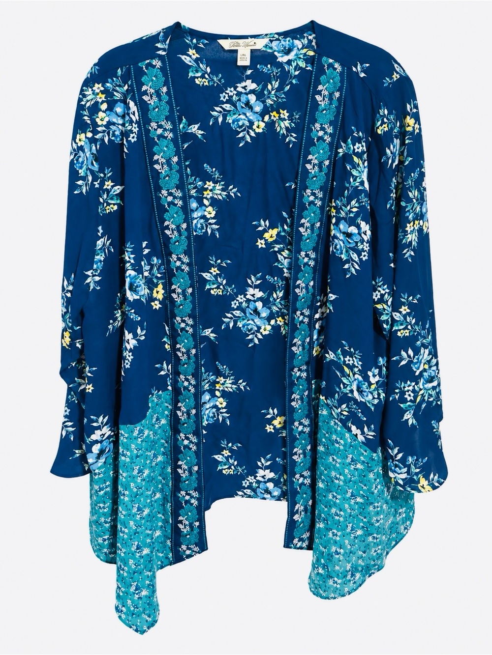 THE PIONEER WOMAN, KIMONO Floral Open Front -Navy, Teal, Yellow Size L/XL NWT